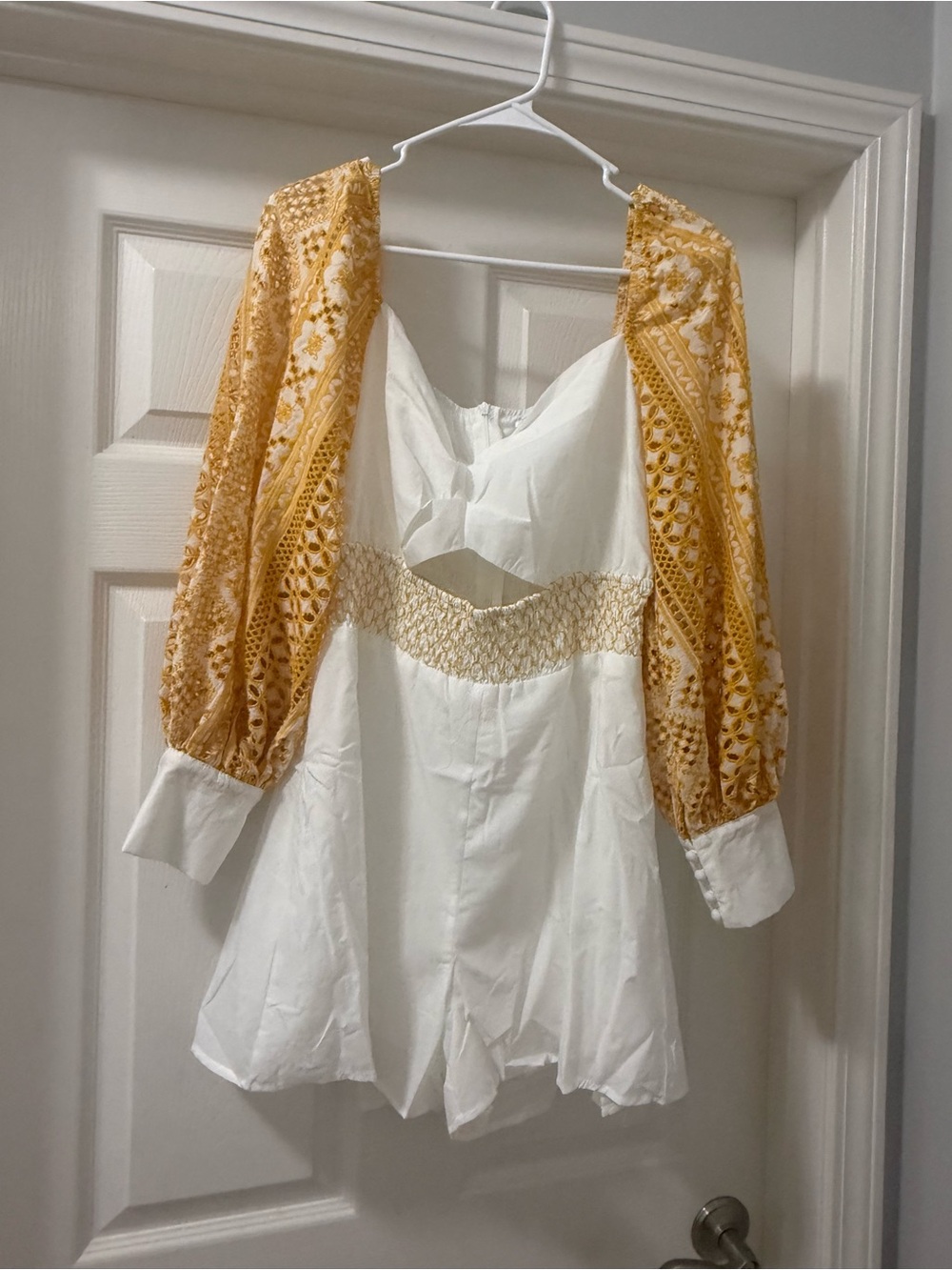 White Blouse with Mustard Embroidered Balloon Sleeves